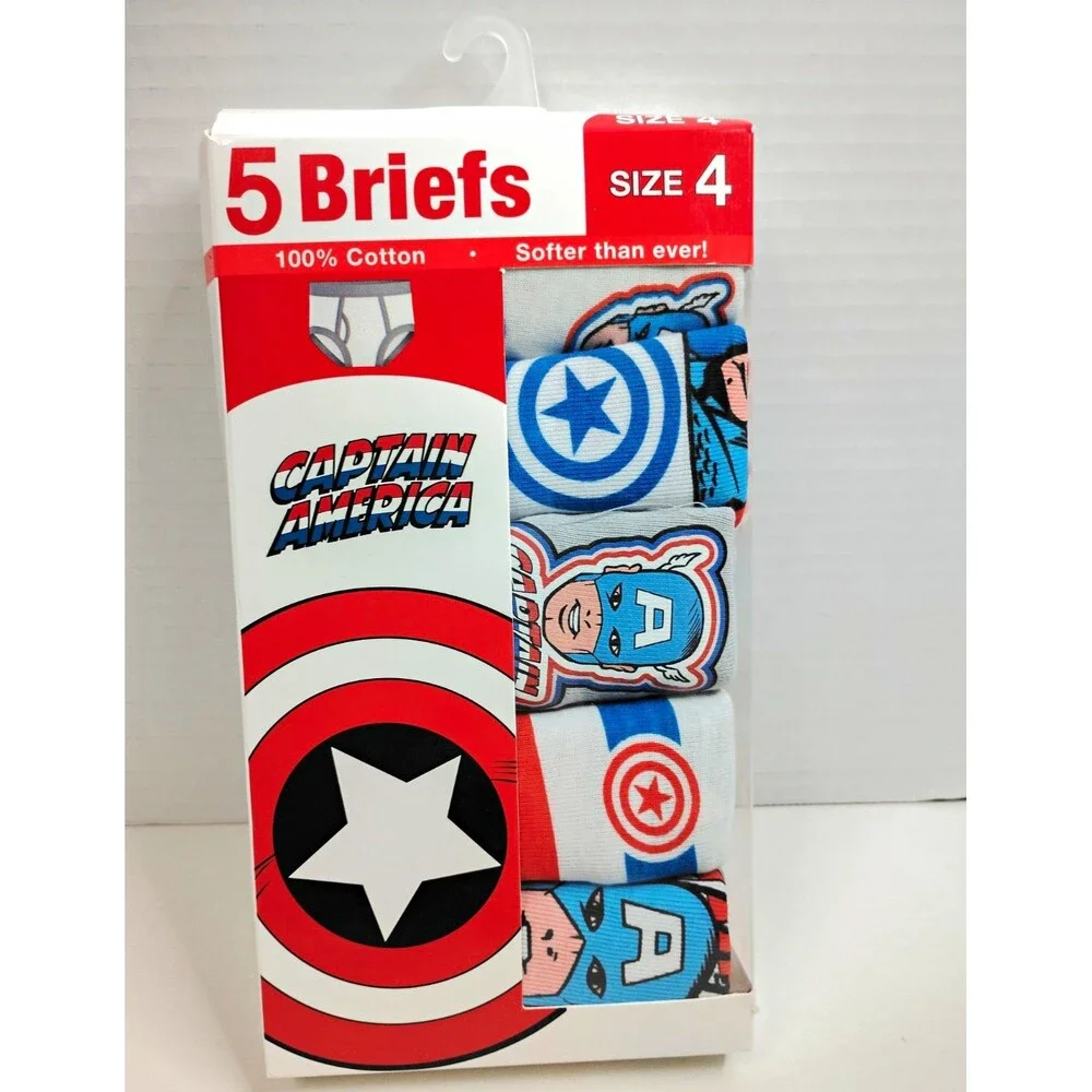 Marvel Captain America Boys Brief Underwear 5-Pack Size 4 100% Cotton Tagless